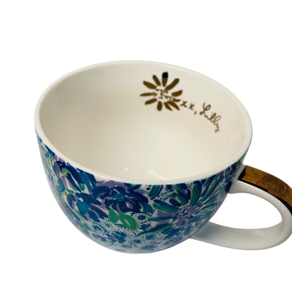 Lilly Pulitzer Ceramic Coffee Mug Floral 12 Oz Blue Green Gold Handle Accent 3 - Picture 7 of 9